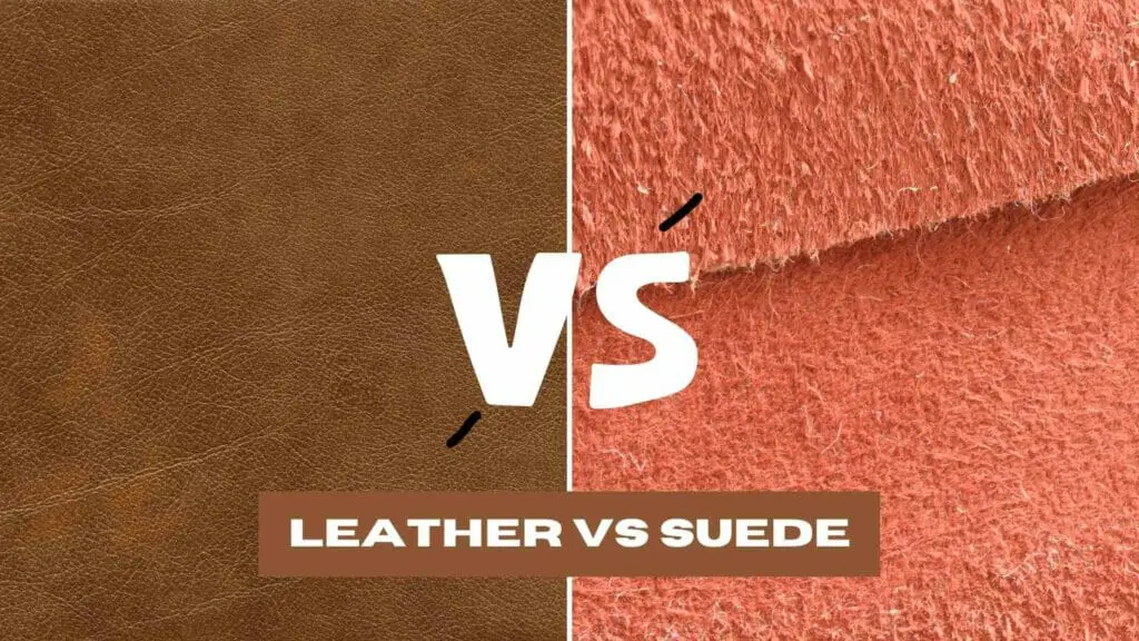 Photo of brown leather on the left and red suede on the right. Leather VS Suede
