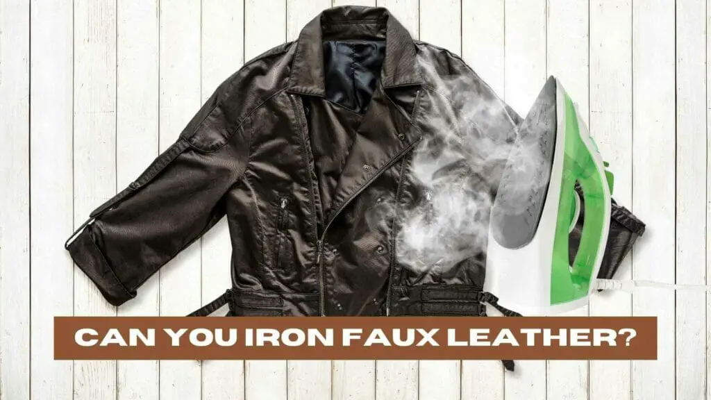 Photo of a faux leather jacket with a steaming iron on top of it. Can You Iron Faux Leather?