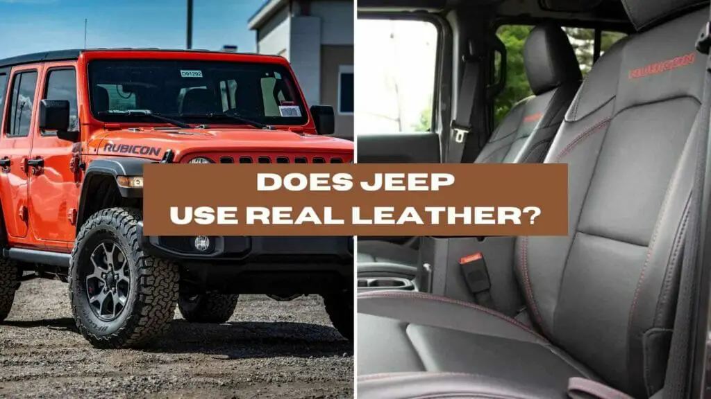 Photo of a red Jeep Rubicon on the ledft and the Rubicon black leather with red stitching saying Rubicon on them. Does Jeep Use Real Leather?