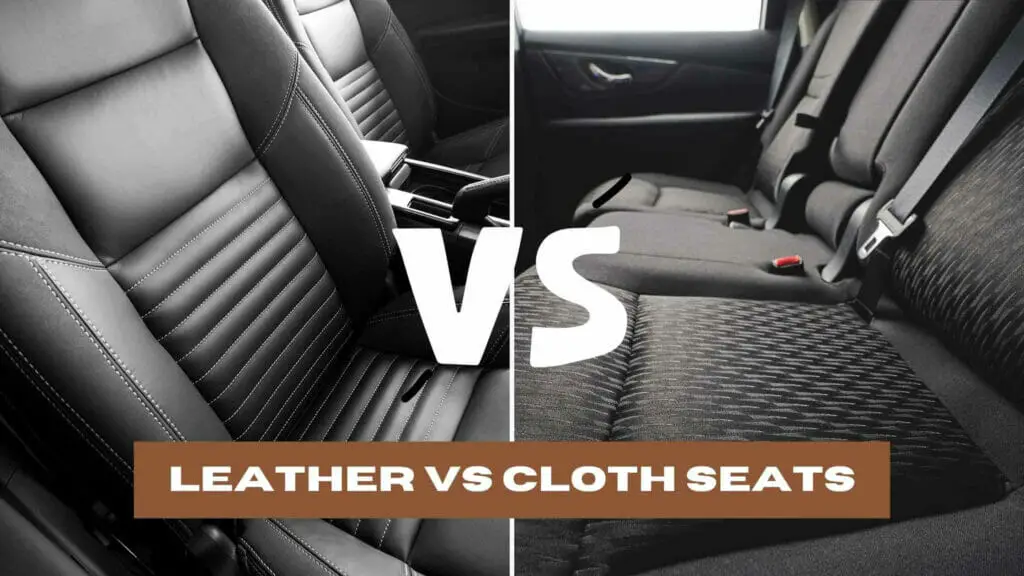 Photo of leather seats on the left and cloth seats on the right. Leather vs Cloth Seats.