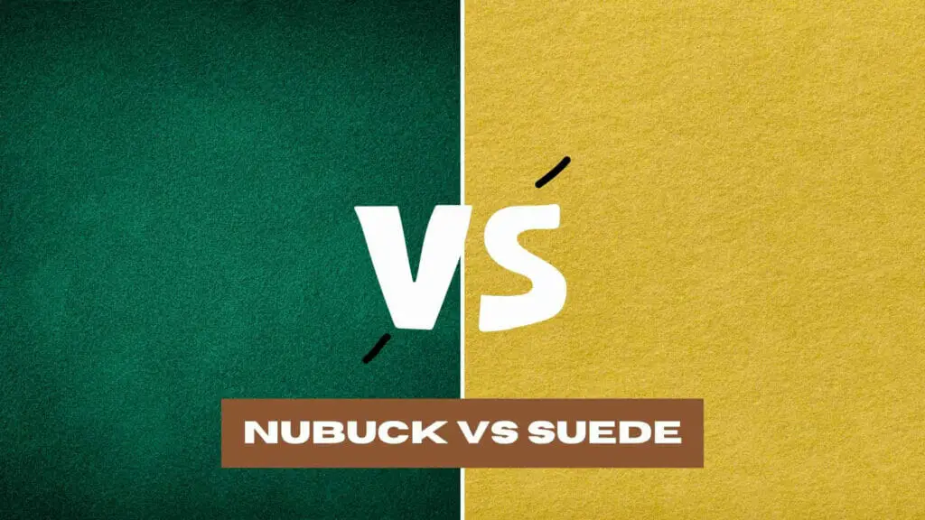 Photo of green nubuck on the left and yellow suede on the right. Nubuck vs Suede.