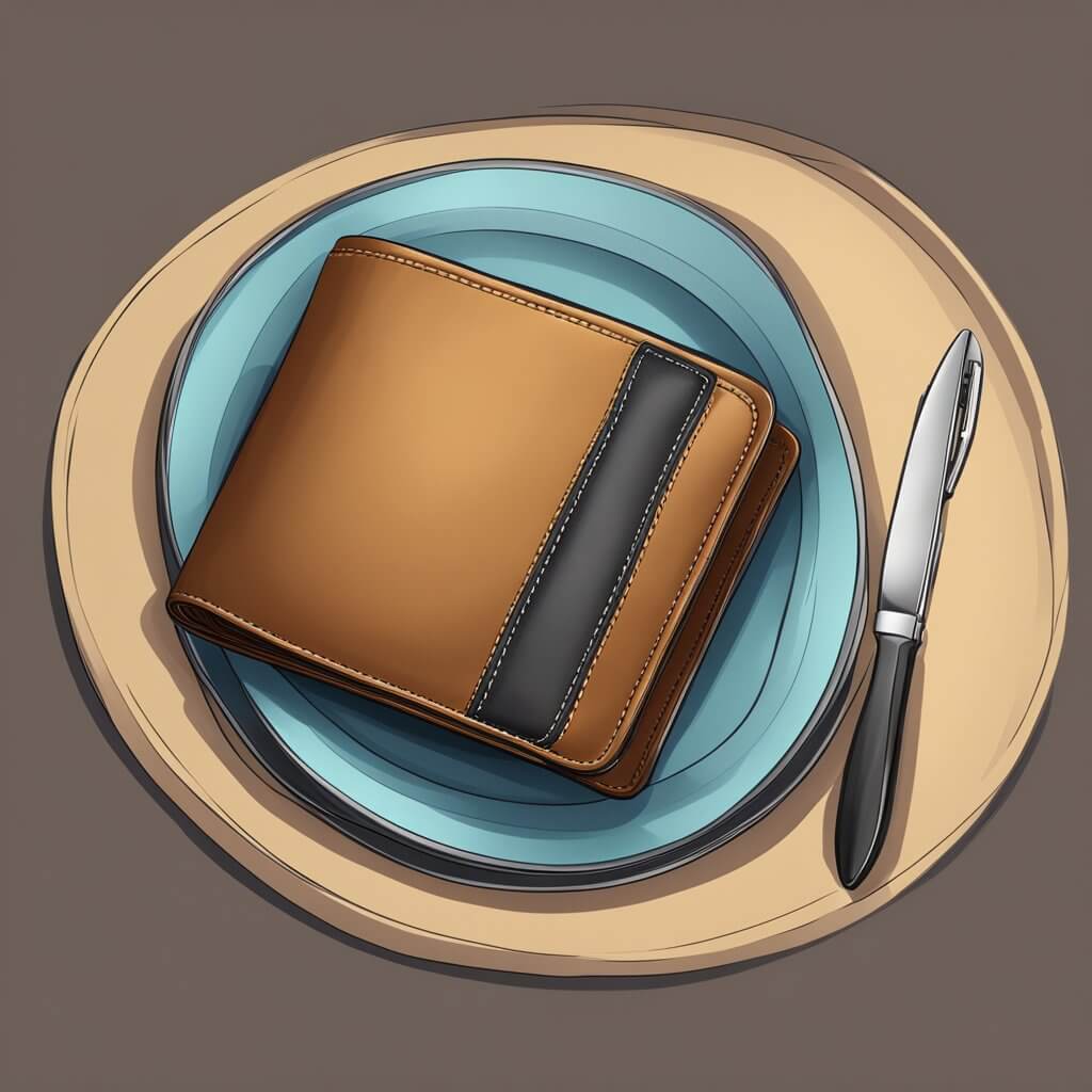 illustration of a leather wallet on top of a plate and a knife.