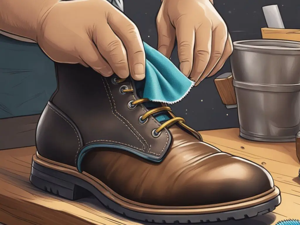 Illustration leather boot being cleaned with beeswax.